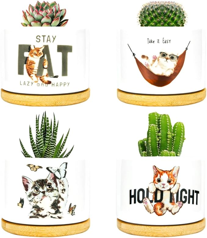 4 Pack Cute Planter Pots with Drainage Hole, Cat Plant Pots for Indoor/Outdoor Plants, Cactus and Succulents Pots Gift for Women - Image 7