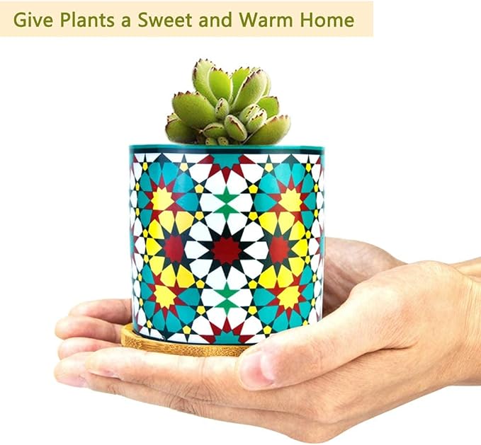 6 Pack Mandala Succulent Plant Pot with Bamboo Trays, Ceramic Multicolored Succulent Container Planter Pot for Small Plant - Image 3