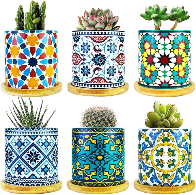6 Pack Mandala Succulent Plant Pot with Bamboo Trays, Ceramic Multicolored Succulent Container Planter Pot for Small Plant - Image 5