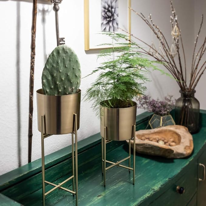 babyyoyaya Set 2 Brass Gold Planters with Stand, 7 Inch Diameter Planter Pots with Stands, Modern Flower Pot, Mid Century Living Room Decor for Orchid, Aloe, Large Cactus Plants, 7 Inches Diameter - Image 3