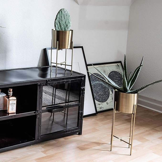 babyyoyaya Set 2 Brass Gold Planters with Stand, 7 Inch Diameter Planter Pots with Stands, Modern Flower Pot, Mid Century Living Room Decor for Orchid, Aloe, Large Cactus Plants, 7 Inches Diameter - Image 4