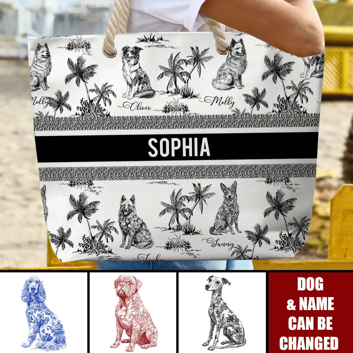 Dog Mom Toile De Jouy Summer French Style - Personalized Beach Bag - Image 2