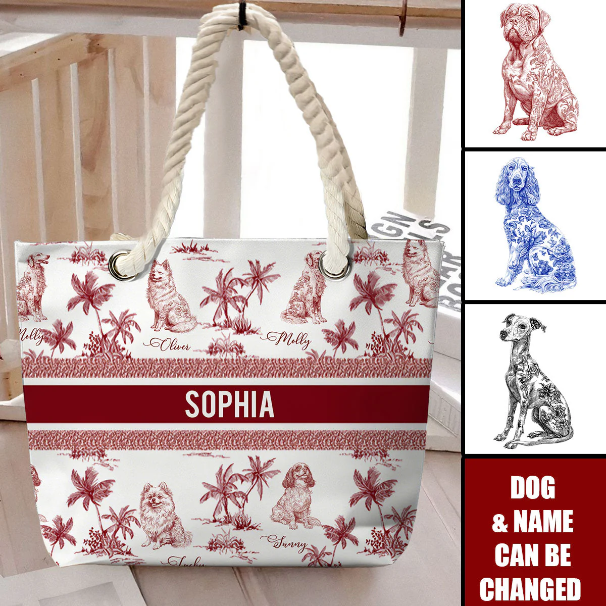 Dog Mom Toile De Jouy Summer French Style - Personalized Beach Bag - Image 3