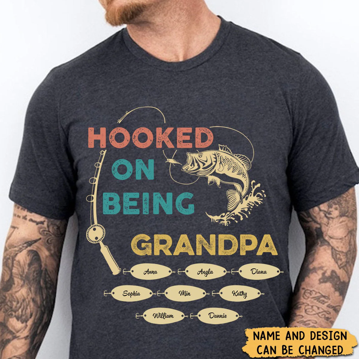 Hooked On Being Grandpa Fishing - Personalized T-Shirt - Father's Day Gift for Dad, Papa, Grandpa, Daddy, Dada - Image 2
