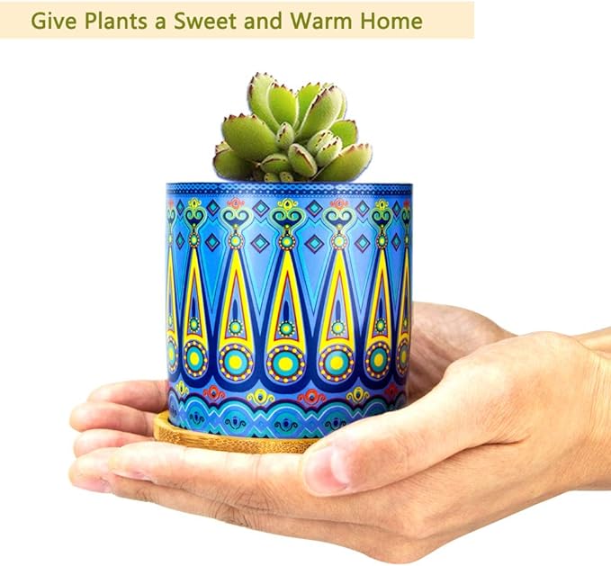 Mandala Succulent Pot with Drainage Hole & Bamboo Coaster, Small Plant Pots, Bohemian Ceramic Succulent Planter Pot for Small Plant-6 Pack - Image 4