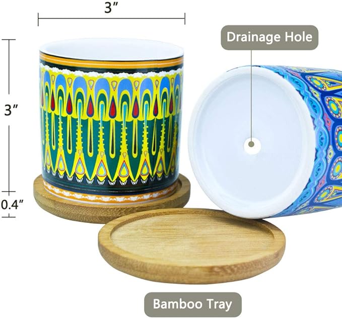 Mandala Succulent Pot with Drainage Hole & Bamboo Coaster, Small Plant Pots, Bohemian Ceramic Succulent Planter Pot for Small Plant-6 Pack - Image 5