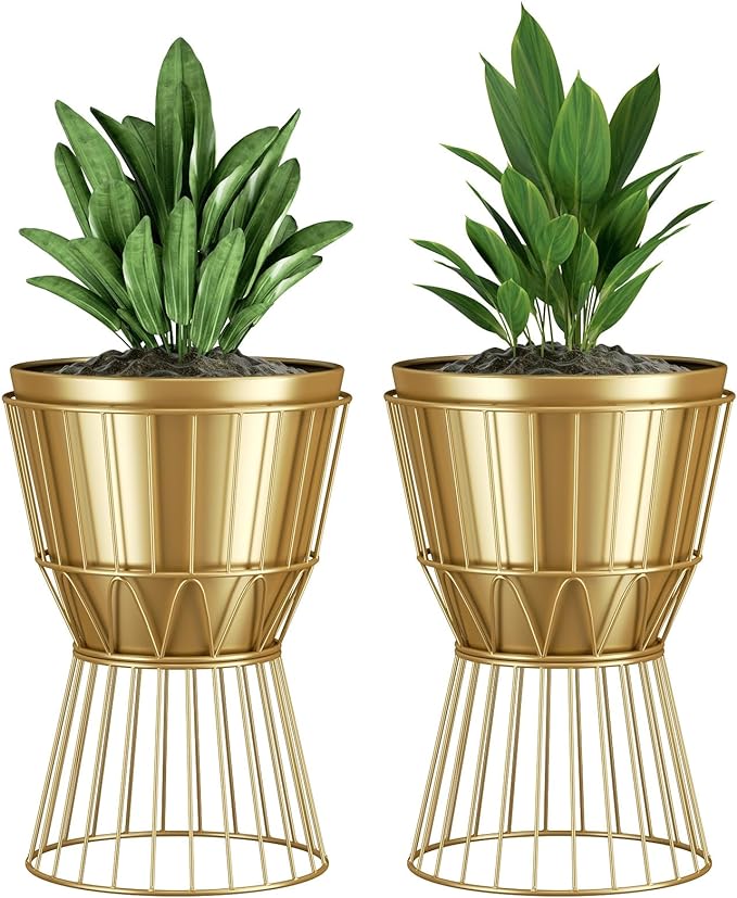 Planter with Stand Gold Metal Plant Pot with Stand - 12 Inch Unique Modern Flower Pots Indoor with Gold Plant Stand with Drainage, 2 Pack - Image 2