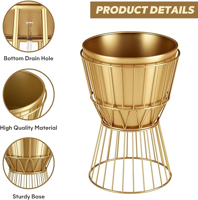 Planter with Stand Gold Metal Plant Pot with Stand - 12 Inch Unique Modern Flower Pots Indoor with Gold Plant Stand with Drainage, 2 Pack - Image 3