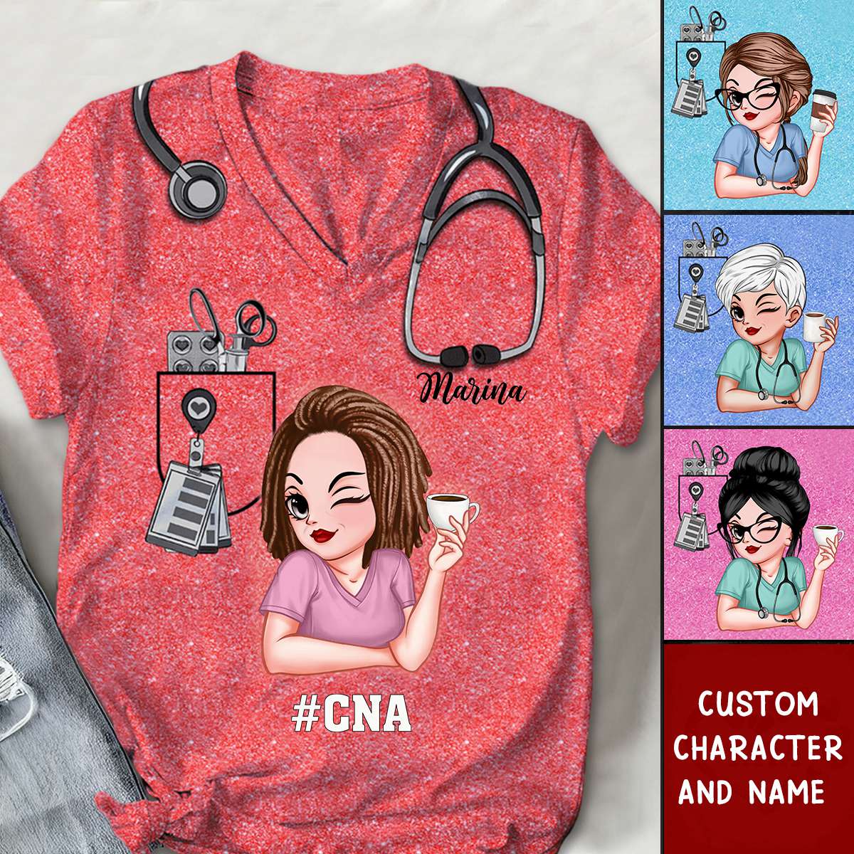 Pretty Doll Nurse Scrub CNA RN Healthcare Worker Personalized V-neck 3D T-shirt - Image 2
