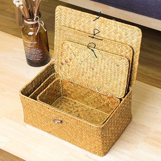 Rectangular Storage Basket with Lid Handmade Seagrass Rattan Woven Natural Box for Clothes Books and Shelves Multifunctional Makeup Organizer Set of 3 Shelf Basket - Image 3