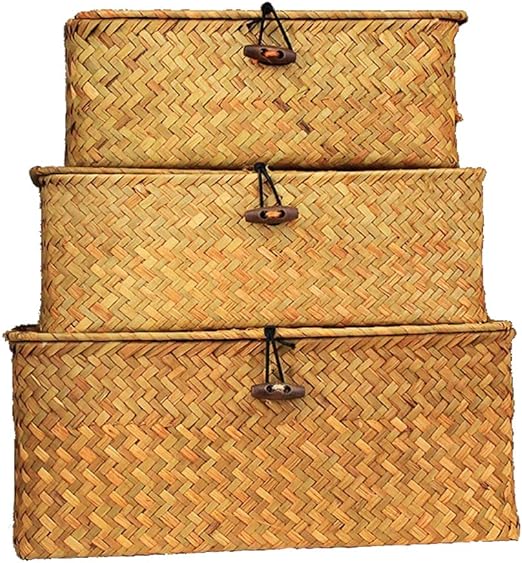 Rectangular Storage Basket with Lid Handmade Seagrass Rattan Woven Natural Box for Clothes Books and Shelves Multifunctional Makeup Organizer Set of 3 Shelf Basket - Image 5