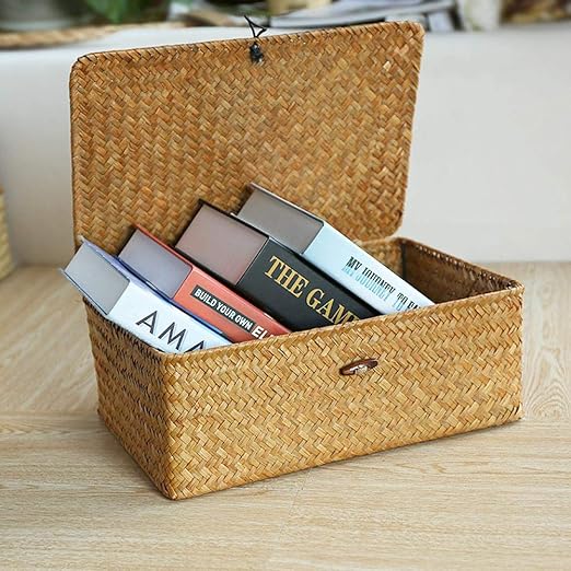 Rectangular Storage Basket with Lid Handmade Seagrass Rattan Woven Natural Box for Clothes Books and Shelves Multifunctional Makeup Organizer Set of 3 Shelf Basket - Image 6