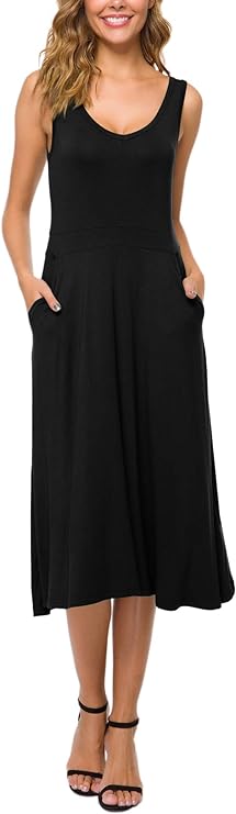 Women's Summer Casual Sleeveless Flared Midi Dress Swing T-Shirt Dresses with Pockets - Image 3