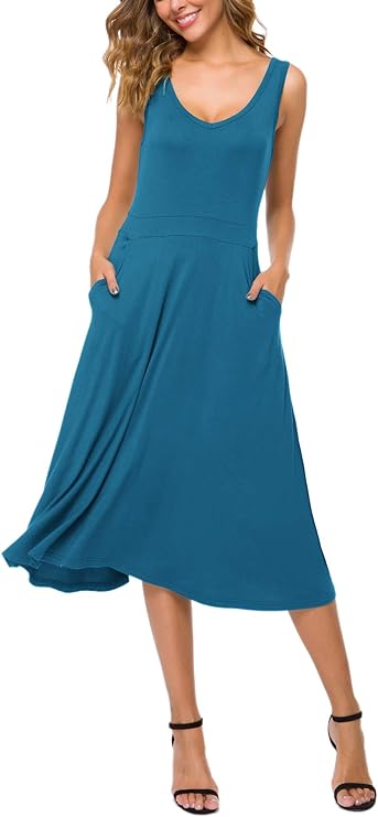 Women's Summer Casual Sleeveless Flared Midi Dress Swing T-Shirt Dresses with Pockets - Image 7