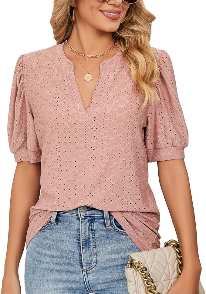 Womens Summer Tops, V Neck Ruffle Sleeve Blouses, Short Sleeve Casual Tops T-Shirts - Image 5